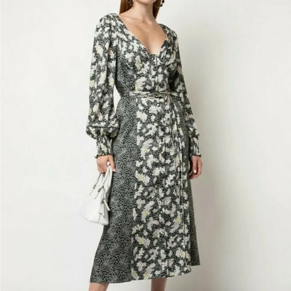 🎀CINQ Á SEPT Jessica satin midi mixed print floral V neck dress sz 0 like new